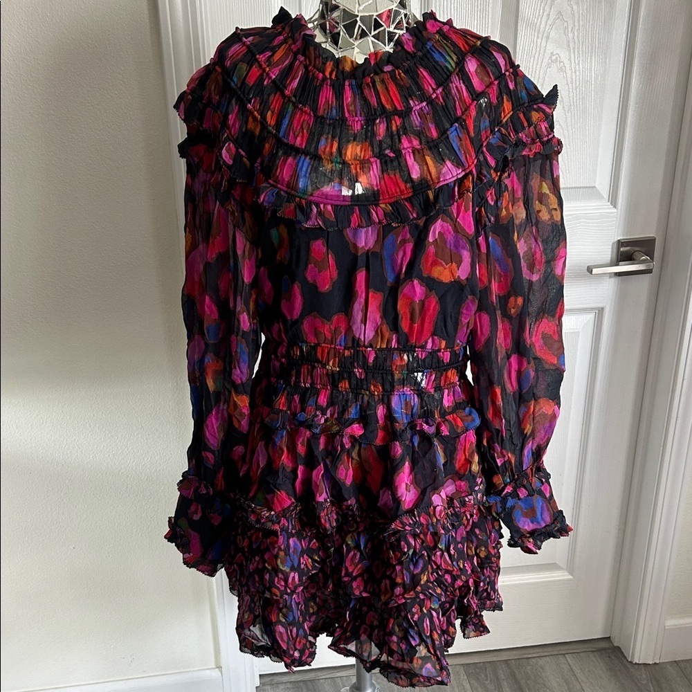 NWT FARM Rio Medium Black Iridescent Leopard Print Mini Dress Long Sleeve Sz M
